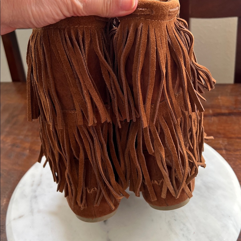 MOSSIMO Ankle Boots Double Fringe Suede Leather Chestnut Brown Women's Size 10 - Picture 7 of 11